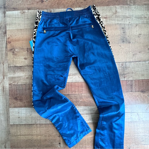 JUST DON Tearway Track Pants Blue Satin Leopard Trim Men MEDIUM NEW WITH TAG - Picture 9 of 12